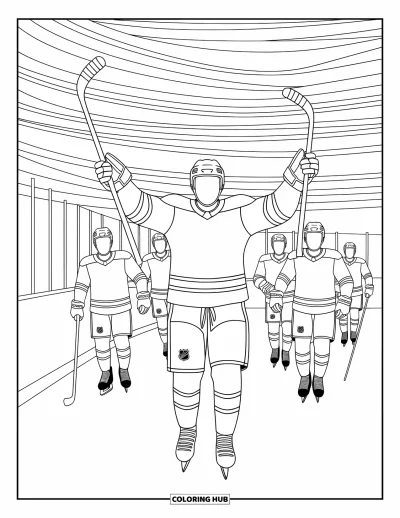 Coloriage de hockey pour adultes : Un joueur qui vient de marquer célèbre avec les bras levés pendant que ses coéquipiers s'approchent sur une patinoire à motifs