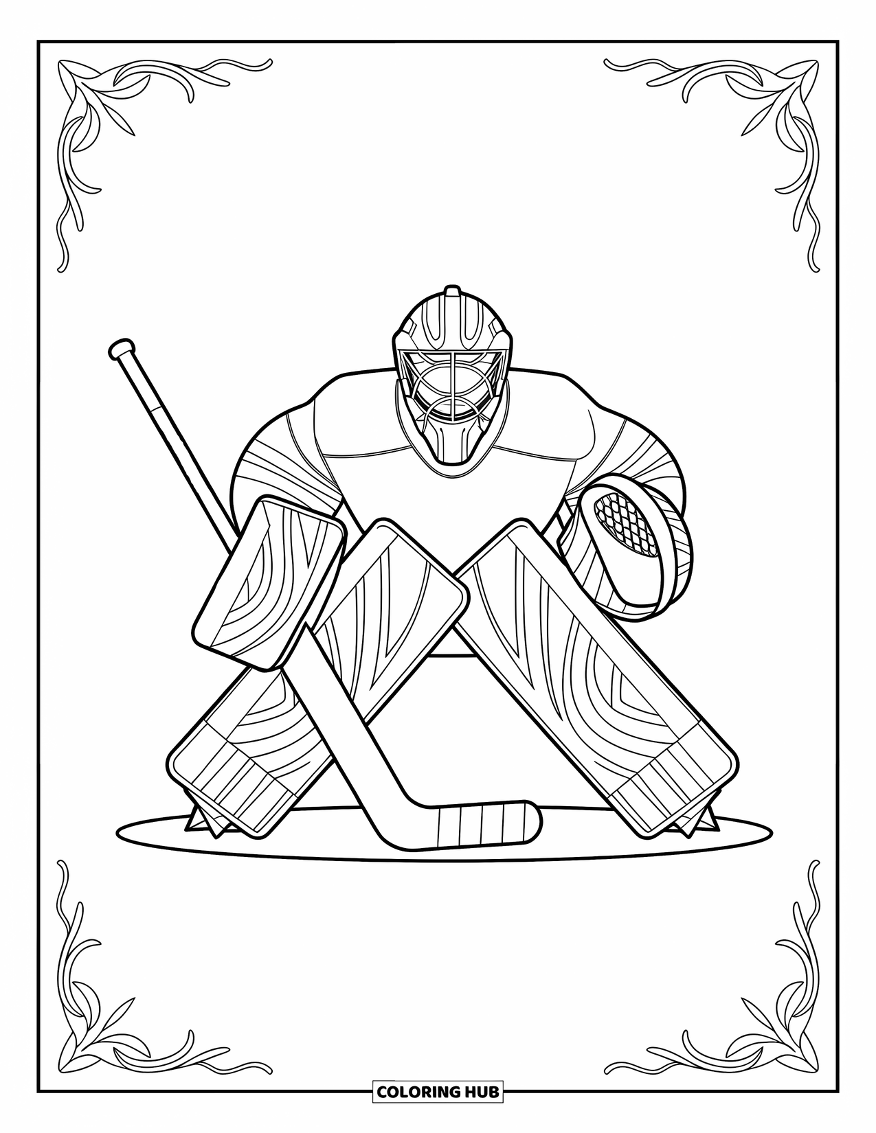 Hockey Coloring Page for Adults: A goalie crouches with detailed gear and elegant patterns flowing through the background