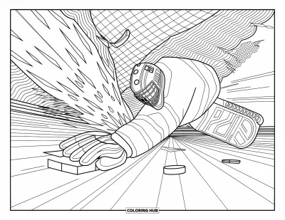 Coloriage de hockey pour adultes : Un gardien tend le bras de façon spectaculaire vers une rondelle pendant que la glace se brise et que des motifs envahissent la patinoire