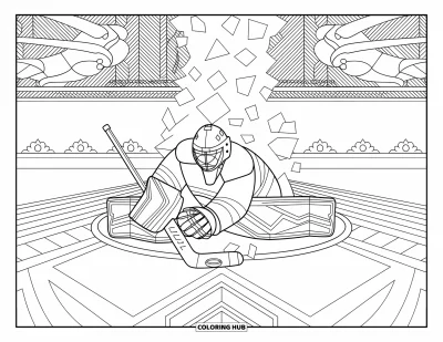 Coloriage de hockey pour adultes : Un gardien s'étire pour attraper une rondelle en plein arrêt avec des fragments de glace et des motifs entourant la scène