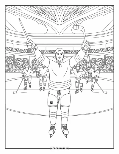 Coloriage de hockey pour adultes : Un joueur de hockey lève les bras en célébration pendant que ses coéquipiers patinent vers lui avec enthousiasme