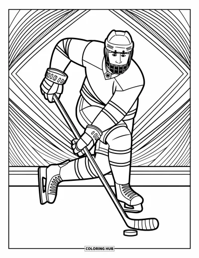 Coloriage de hockey pour adultes : Un joueur de hockey se prépare à frapper en plein élan, entouré de motifs tourbillonnants et de lignes de mouvement nettes