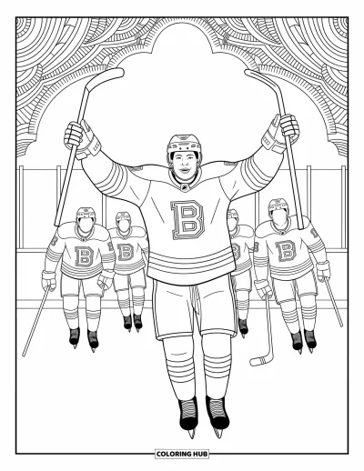 Coloriage de hockey pour adultes : Un joueur joyeux célèbre un but pendant que ses coéquipiers arrivent parmi des détails d'arrière-plan complexes