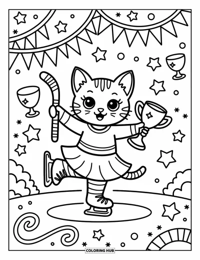 Coloriage de hockey pour adultes : Un chaton tourne sur un patin avec un trophée et une crosse, entouré d'étoiles et de rubans