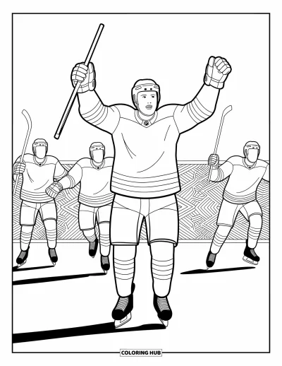 Coloriage de hockey pour adultes : Un joueur célèbre un but les bras levés pendant que ses coéquipiers arrivent de toutes les directions
