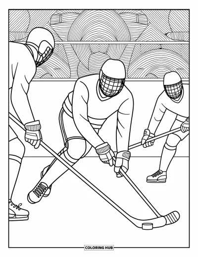 Coloriage de hockey pour adultes : Un joueur glisse habilement devant les défenseurs avec des arrière-plans détaillés remplis de designs élégants