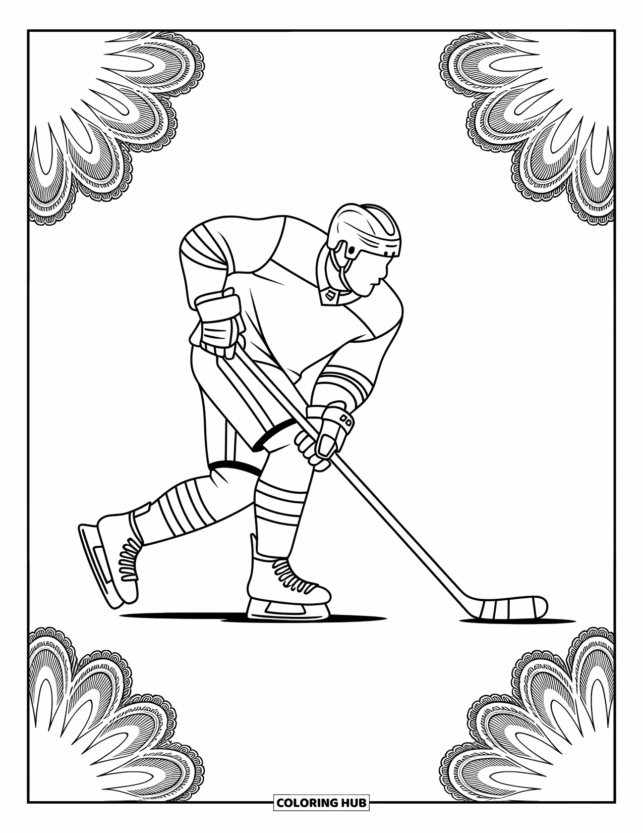 Hockey Coloring Page for Adults: A player takes a powerful slapshot, framed by lace-like details and decorative borders