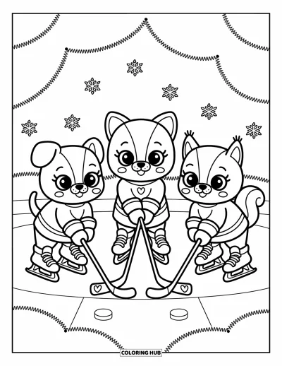 Coloriage de hockey pour adultes : Un chiot, un chaton et un écureuil s'affrontent sur la glace avec de grands gants et des patins ornés de cœurs