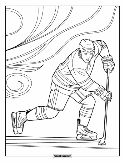 Coloriage de hockey pour adultes : Un patineur frappe un tir frappé avec des plis de tenue ondulants et des motifs ornés en arrière-plan