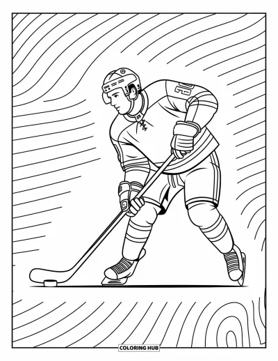 Coloriage de hockey pour adultes : Un tir frappé en mouvement met en scène un joueur dynamique entouré de motifs tourbillonnants