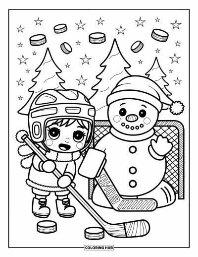 Coloriage de hockey pour adultes : Un petit joueur chibi lutte avec une grande crosse à côté d'un bonhomme de neige en gants de gardien