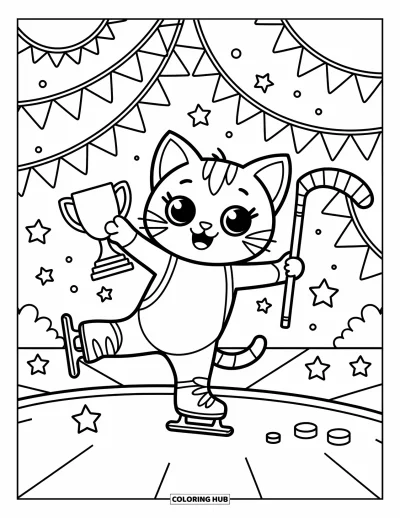 Coloriage de hockey pour adultes : Un chaton virevoltant équilibre un trophée et une crosse de hockey parmi des étoiles flottantes et des banderoles