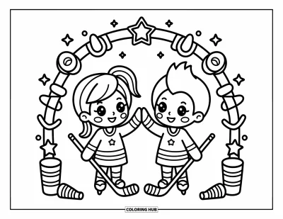 Coloriage de hockey pour adultes : Des amis chibi se tapent dans la main avec leurs crosses sous une arche festive remplie de petit équipement