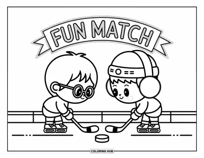 Coloriage de hockey pour adultes : Des enfants chibi avec des lunettes et des cache-oreilles s'affrontent sous une banderole
