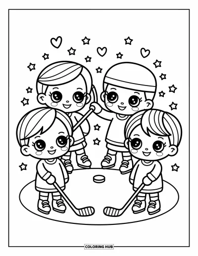Coloriage de hockey pour adultes : Quatre enfants chibi prennent des poses amusantes sur la glace avec des étoiles flottantes, des cœurs et de l'équipement de hockey