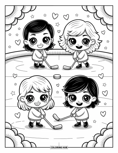 Coloriage de hockey pour adultes : Quatre enfants chibi farceurs font des poses amusantes avec des étoiles et des cœurs flottant dans l'air
