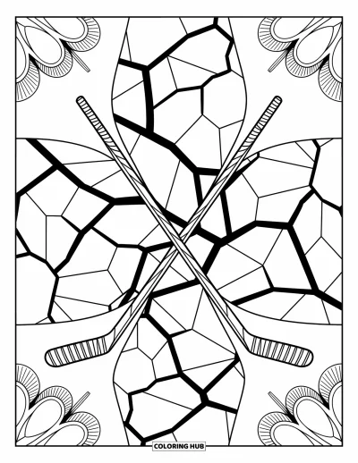 Coloriage de hockey pour adultes : Des lignes de lac gelé et des crosses de hockey s'enroulent en spirale pour former un mandala aux détails travaillés