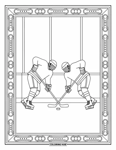 Coloriage de hockey pour adultes : Des joueurs percutent les panneaux en plein vol pendant qu'une rondelle flotte entre eux dans un décor de motifs tourbillonnants