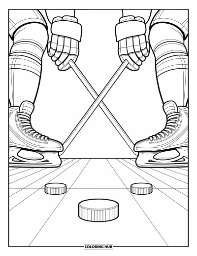 Coloriage de hockey pour adultes : Des joueurs se regardent dans les yeux lors d'une mise en jeu pendant que des motifs complexes remplissent l'espace autour de leurs patins