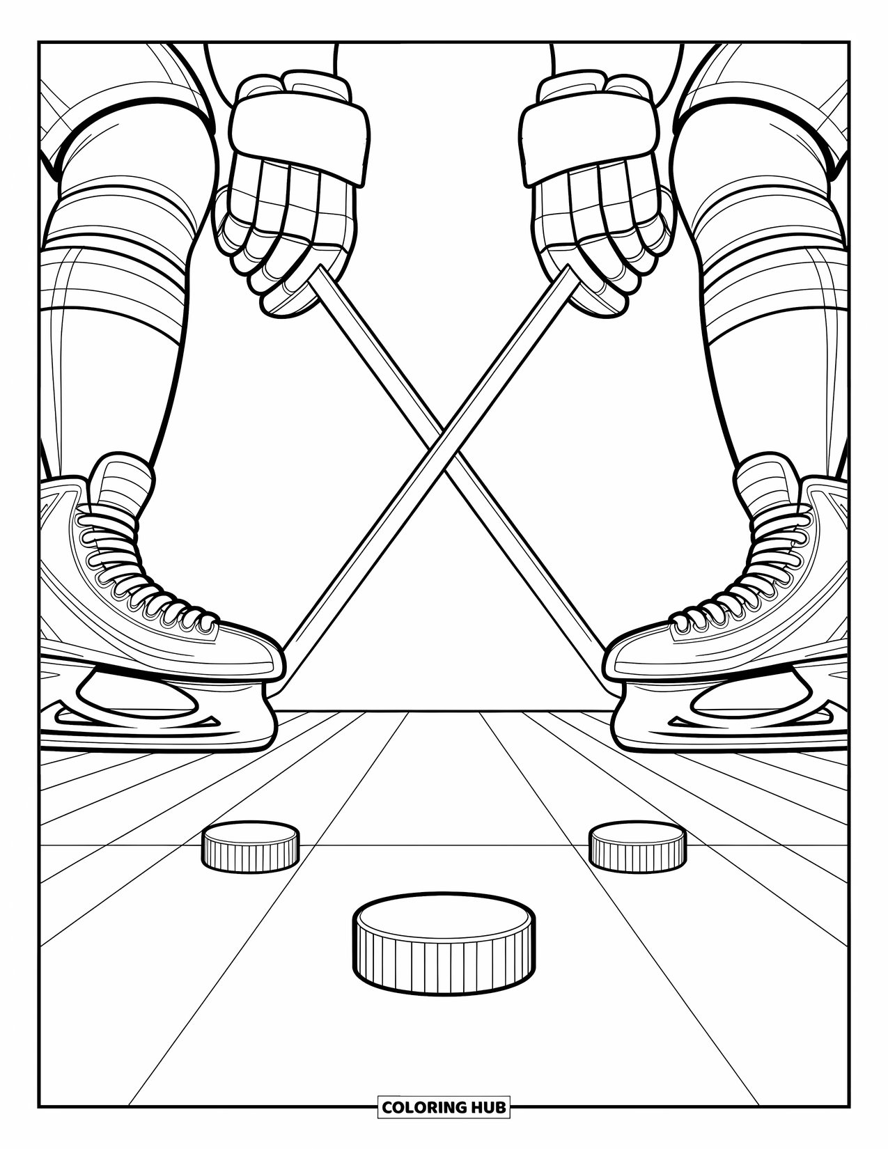 Hockey Coloring Page for Adults: Players lock eyes in a faceoff as intricate patterns fill the space around their skates