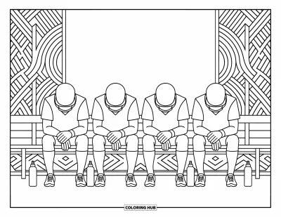 Coloriage de hockey pour adultes : Des joueurs se reposent sur un banc avec des gants sur les genoux et des bouteilles d'eau à proximité dans une scène apaisante