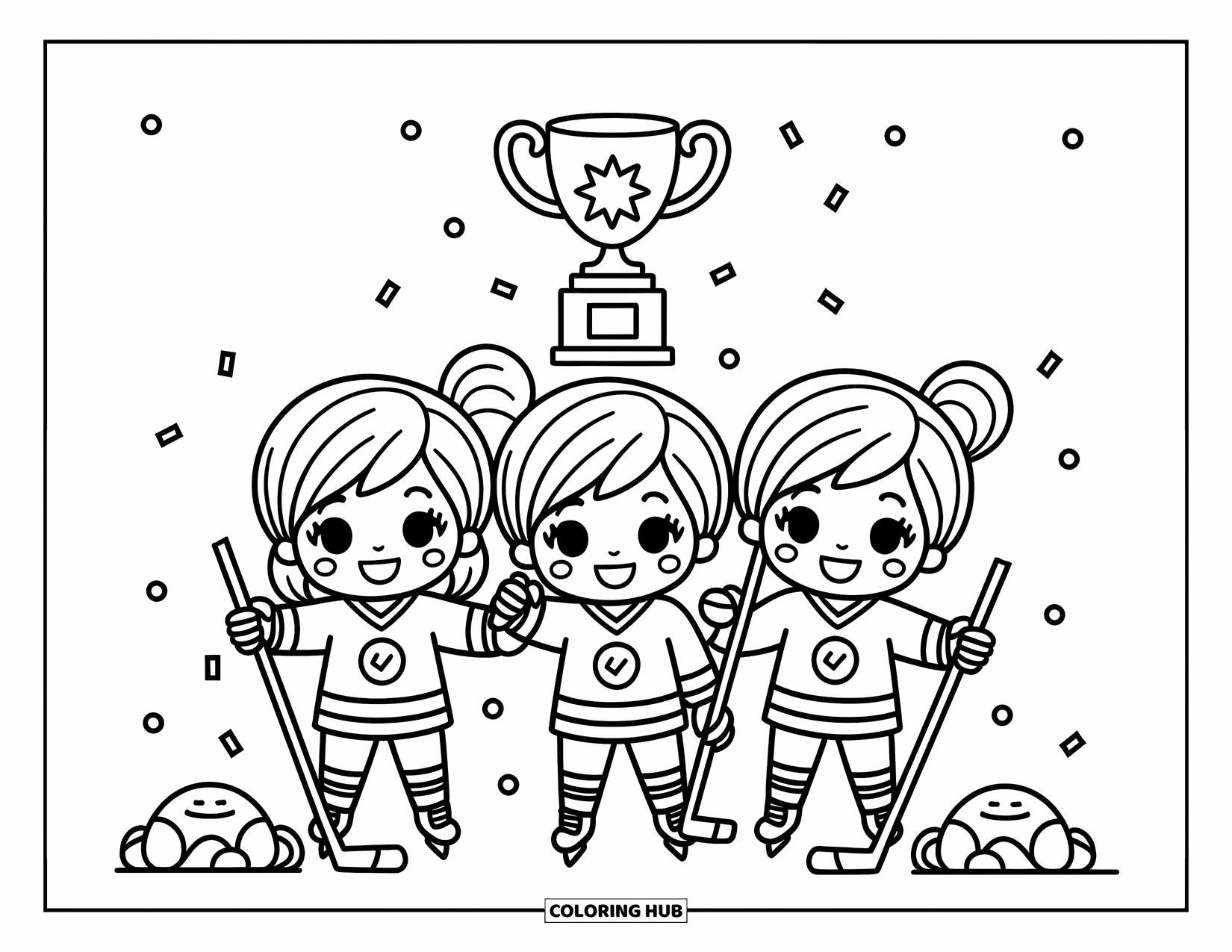 Hockey Coloring Page for Adults: Three cheerful chibi teammates pose with their sticks near a trophy and scattered confetti