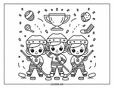 Coloriage de hockey pour adultes : Trois joueurs de hockey chibi posent avec des confettis et de l'équipement flottant, chacun tenant sa crosse différemment