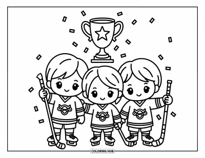 Coloriage de hockey pour adultes : Trois coéquipiers chibi posent fièrement avec des crosses de hockey, des confettis et de l'équipement flottant autour d'eux