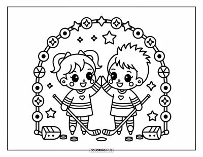 Coloriage de hockey pour adultes : Deux amis chibi avec des coiffures originales se tapent dans la main avec leurs crosses sous une arche décorative