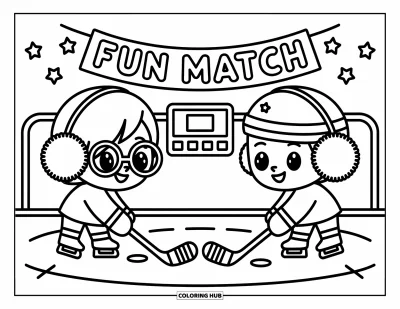 Coloriage de hockey pour adultes : Deux joueurs chibi s'affrontent sur la glace, avec un tableau de score et une banderole flottant au-dessus d'eux
