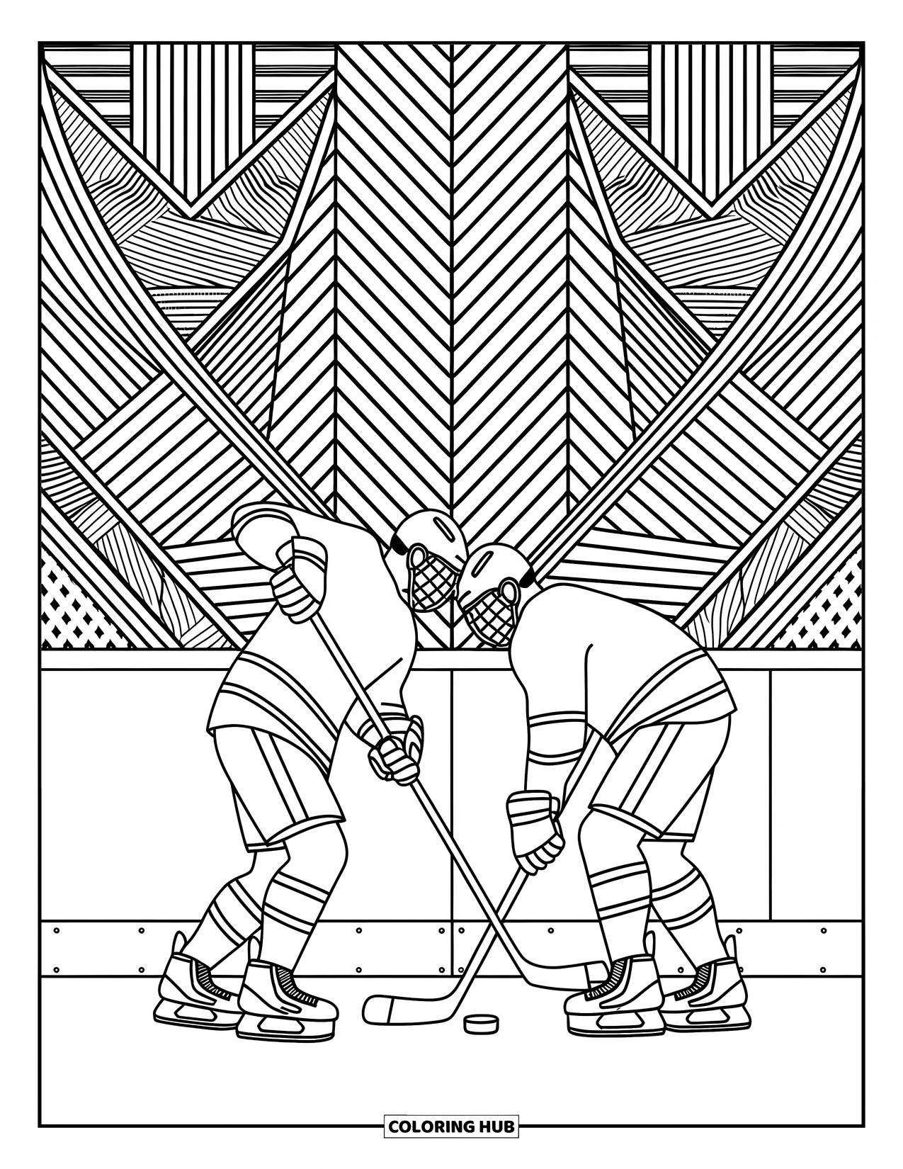 Hockey Coloring Page for Adults: Two players crash into the boards as a puck floats mid-air in a pattern-filled scene