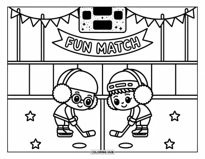 Coloriage de hockey pour adultes : Deux enfants chibi joueurs se préparent pour un match de hockey sous une banderole amusante et un tableau de score