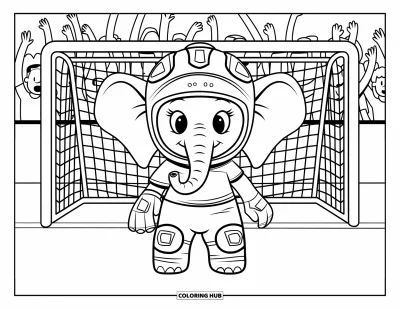 Coloriage de hockey pour enfants : Un éléphanteau en tenue complète de gardien de but se tient sur un terrain avec des supporters enthousiastes