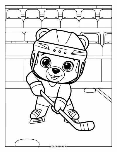Coloriage de hockey pour enfants : Un ours se tient sur la patinoire avec une crosse et des gradins en arrière-plan