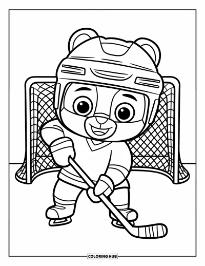 Coloriage de hockey pour enfants : Un ours avec une crosse se tient sur la glace près d'un poteau de but, prêt à jouer