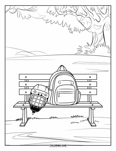 Coloriage de hockey pour enfants : Un banc avec un sac à dos et de l'équipement repose près d'un arbre dans un vaste champ enneigé
