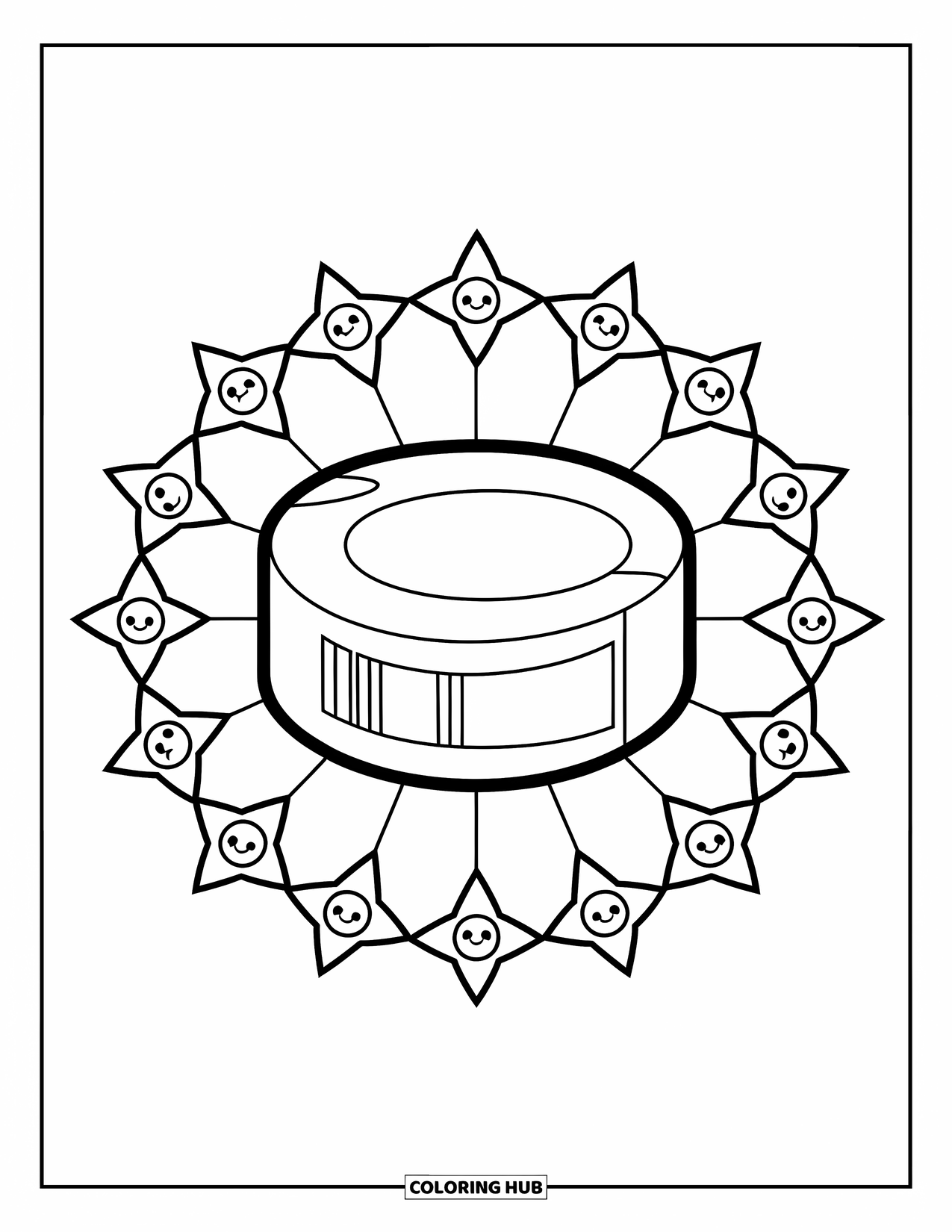 Hockey Coloring Page for Kids: A big hockey puck sits in the center with happy stars smiling all around it