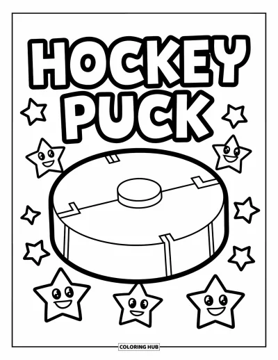 Coloriage de hockey pour enfants : Une grande rondelle est entourée d'étoiles souriantes avec