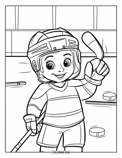 Coloriage de hockey pour enfants : Un enfant joyeux en maillot agite la main près de crosses, de rondelles et des lignes bleues de la patinoire