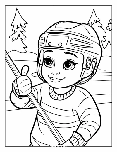 Coloriage de hockey pour enfants : Un enfant joyeux avec un casque fait un pouce en l'air près d'arbres et de neige
