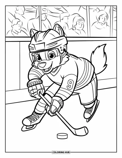 Coloriage de hockey pour enfants : Un loup joyeux avec un casque à cornes patine vers l'avant pendant que les spectateurs remplissent l'arrière-plan