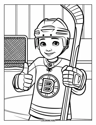 Coloriage de hockey pour enfants : Un enfant en maillot fait un pouce en l'air avec une crosse près d'un filet de hockey