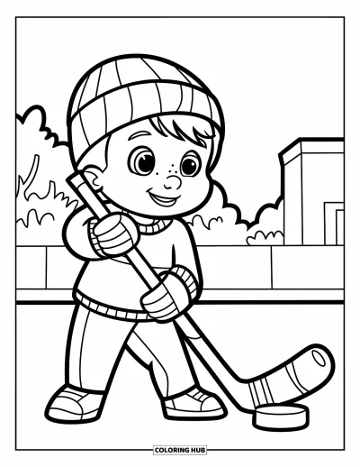 Coloriage de hockey pour enfants : Un enfant en pull tient une grande crosse de hockey près d'arbres et d'un simple bâtiment