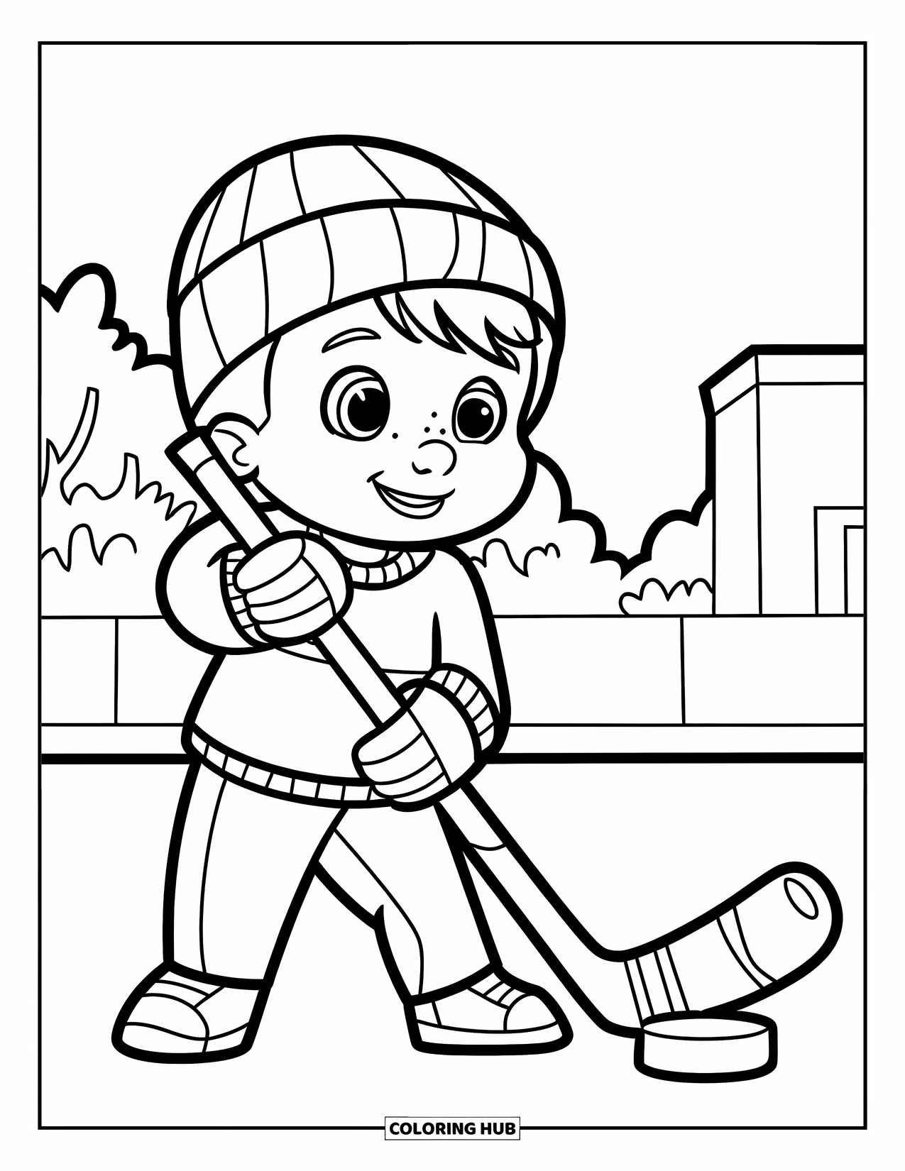 Hockey Coloring Page for Kids: A child in a sweater holds a big hockey stick near trees and a simple building