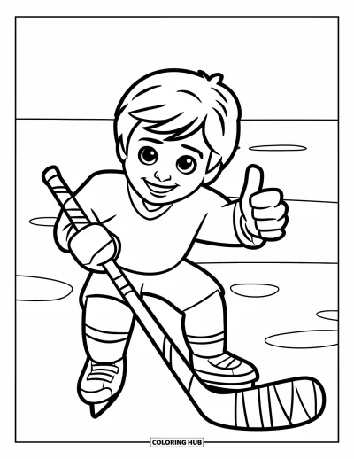 Coloriage de hockey pour enfants : Un enfant se tient sur un terrain enneigé avec une crosse et un pouce en l'air