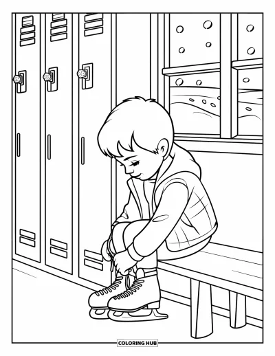 Coloriage de hockey pour enfants : Un enfant lace ses patins dans un vestiaire avec une fenêtre donnant sur un paysage enneigé
