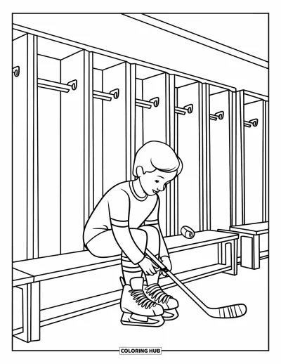 Coloriage de hockey pour enfants : Un enfant lace ses patins sur un banc à côté de casiers et d'une crosse de hockey