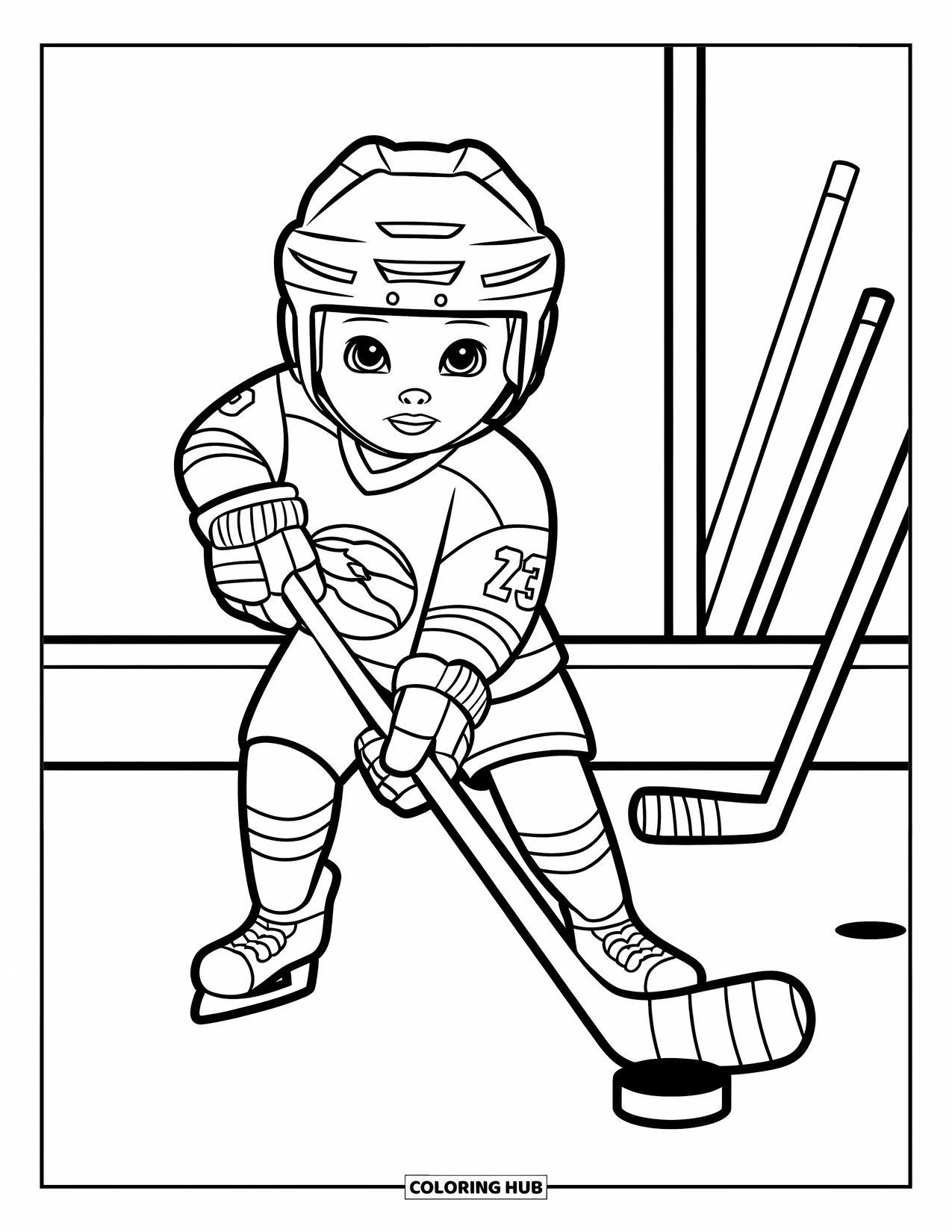 Hockey Coloring Page for Kids: A child with a helmet holds a tall stick near scattered gear on the ice