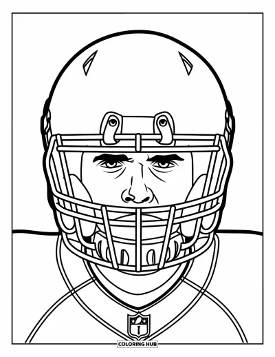 Coloriage de hockey pour enfants : Un gros plan montre un joueur concentré dans son casque, prêt à l'action