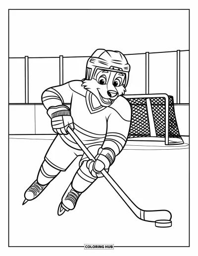 Coloriage de hockey pour enfants : Un loup sympathique en équipement de hockey patine vers l'avant près des poteaux de but et des bancs